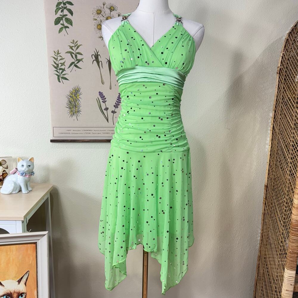 Vtg 90s Y2k Mesh Sequin Babydoll Asymmetric Dress Hoco Party Fairy Cyber Goth XS